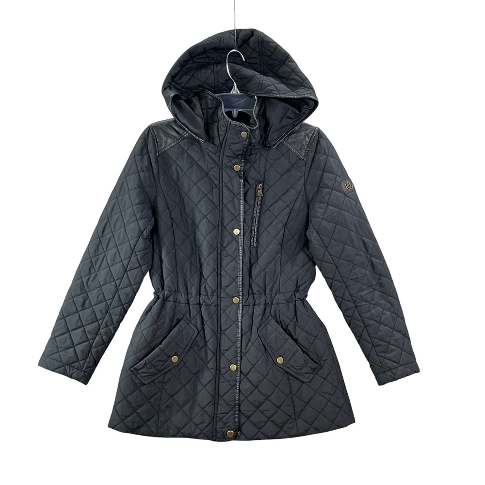 Lauren Ralph Lauren Quilted Jacket Womens PS Black Hooded Faux Leather Trim Coat